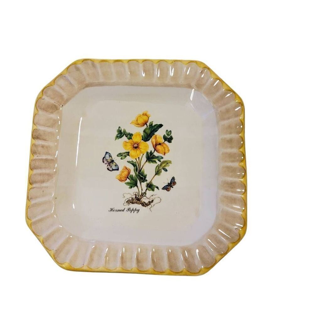 Due Torri Ceramic Plate w Yellow Poppy Flowers and Butterflies Made in Italy